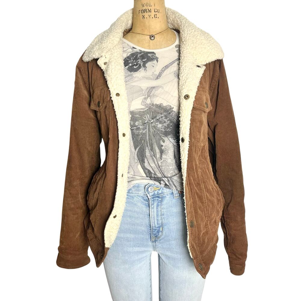 Guess Brown Corduroy Sherpa Lined Jacket Button‎ Up Size M